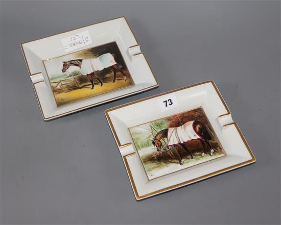 Hermes Paris. A pair of equestrian porcelain cigar ashtrays, race horses monogrammed B.C.